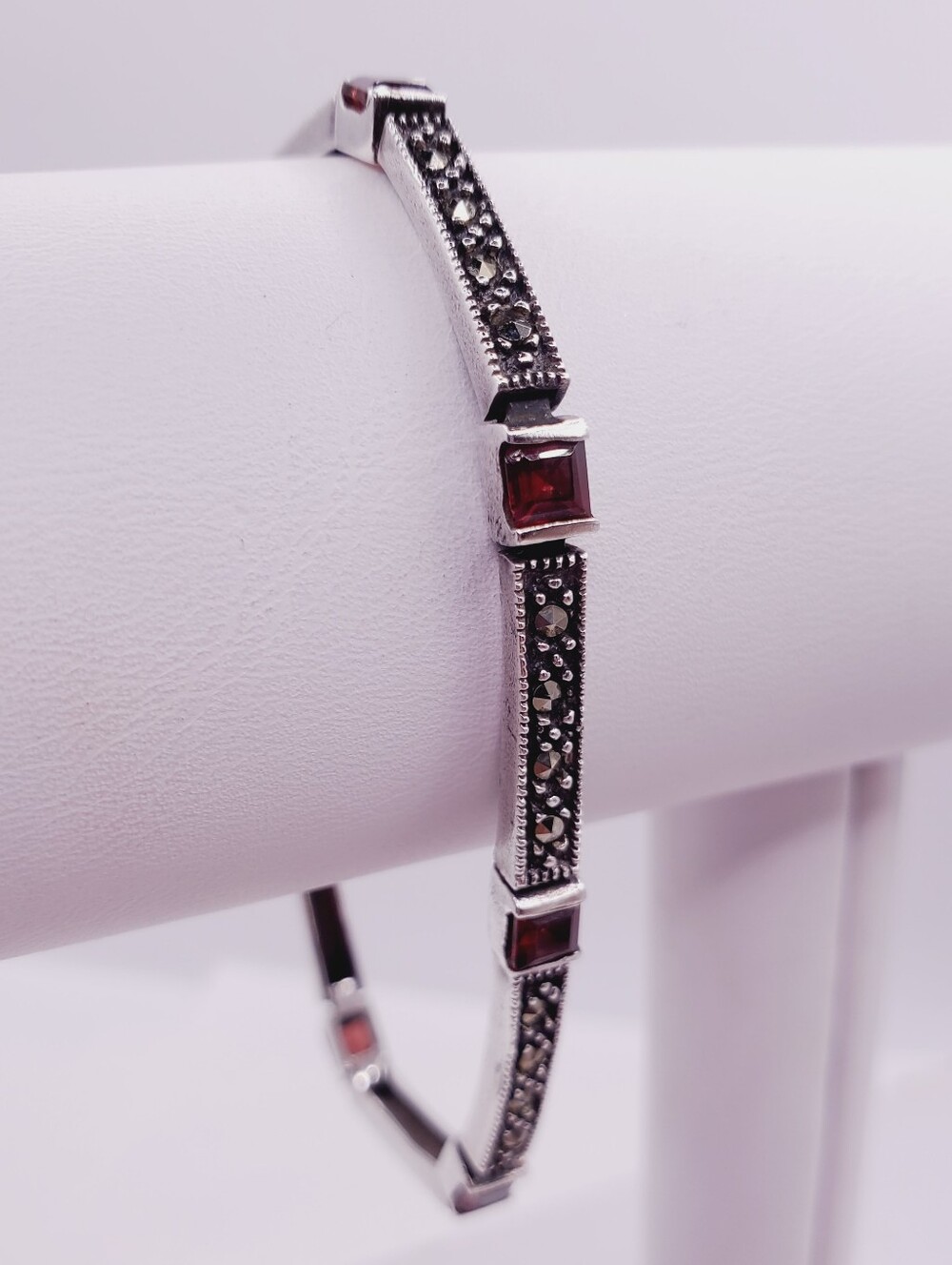 Sterling Silver Marcasite Bangle with Garnet Accents 2.75 Carat